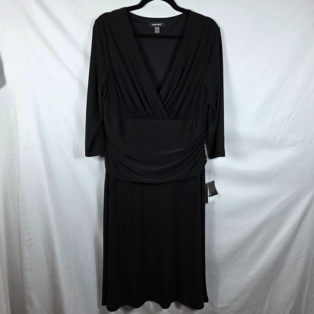 Nine West 3/4 Sleeve Black Ruched Dress Women's Size 16 V-Neck A-Line NEW